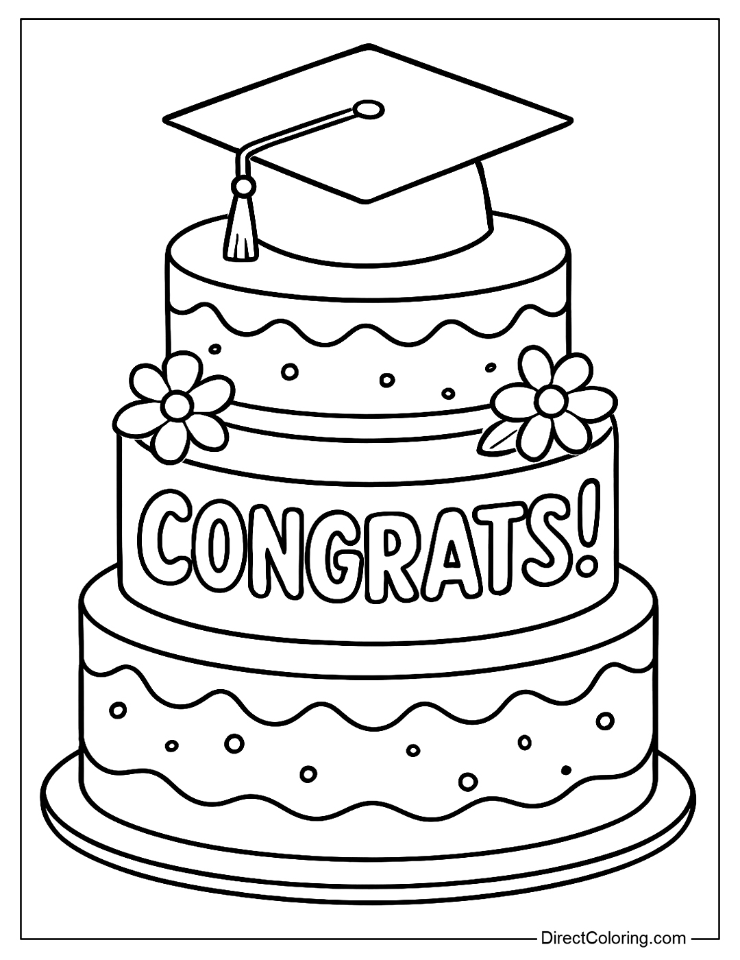  a coloring page with a multi-tiered cake decorated with a graduation cap, flowers and the words “Congrats!”